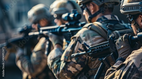 Four soldiers are standing in a line, each holding a rifle