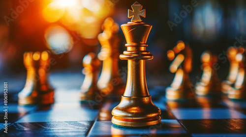 Close-up view of a golden king chess piece on a chessboard with other pieces slightly blurred in the background.
