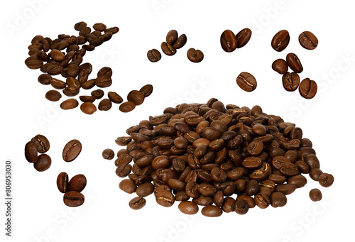 Many big whole coffee beans bunches set isolated on transparent background. Freshly roasted grains PNG. Closeup photo for cosmetic, liquor, sweets packaging design, advertising layout. Premium grade