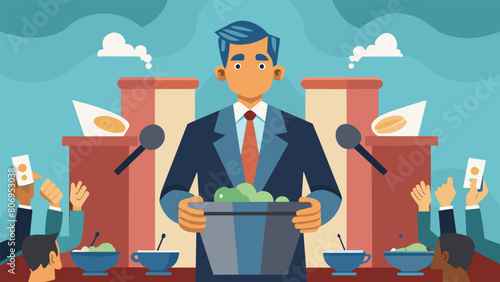 A politician standing at a podium surrounded by hungry reporters serving up a hot bowl of Sensationalist Soup as they eagerly take notes and prepare.
