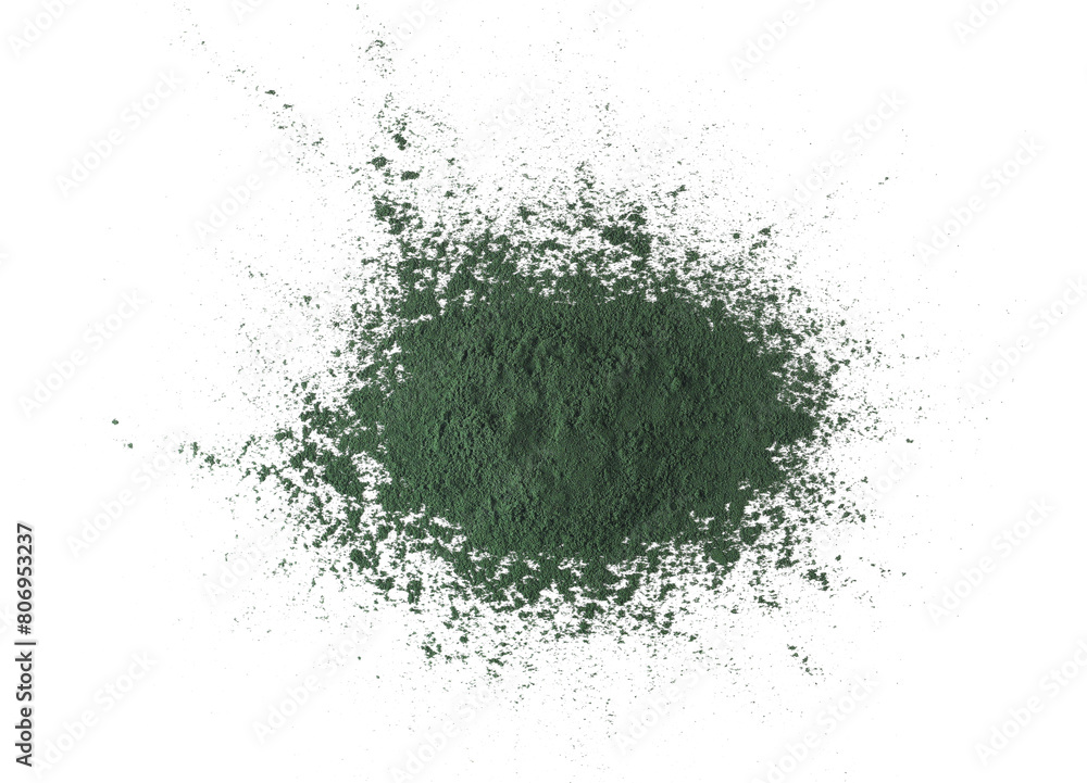 Organic spirulina powder, raw isolated on white, top view Organic spirulina powder, raw isolated on white, top view