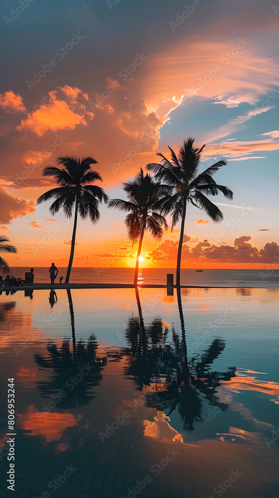 Golden Hour Beach Sunset featuring Silhouettes of People and Tropical Palm Trees