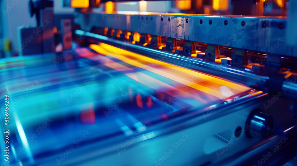 Vibrant industrial printing press in operation with a dynamic blur of colorful paper moving through. Vibrant industrial printing press in operation with a dynamic blur of colorful paper moving through.