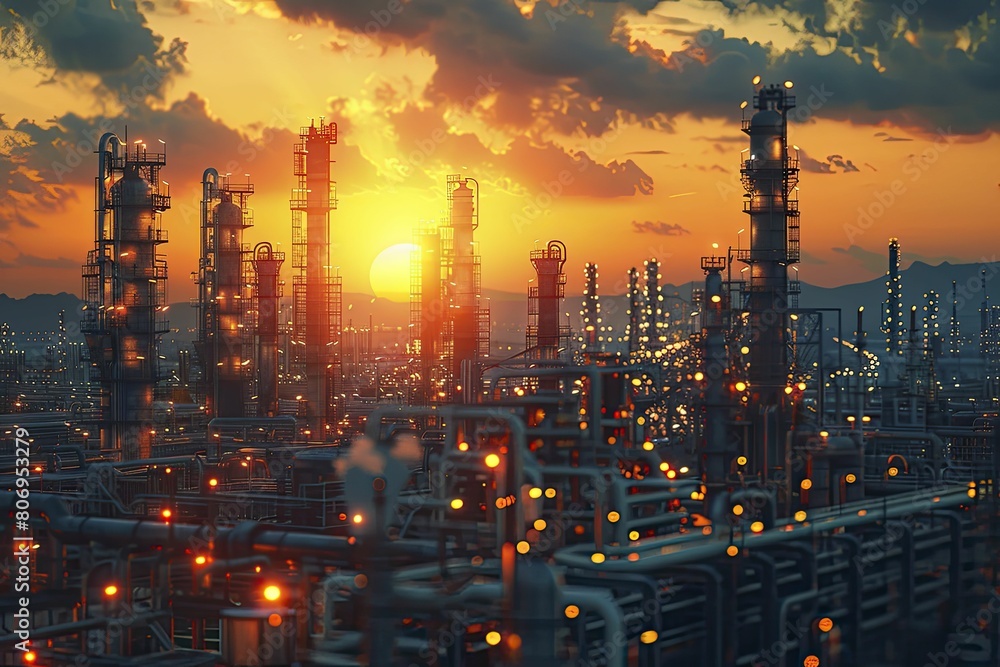 Fototapeta premium Highlight the intricate contours of an oil refinery in a sharp and polished silhouette for impactful social media promotion.