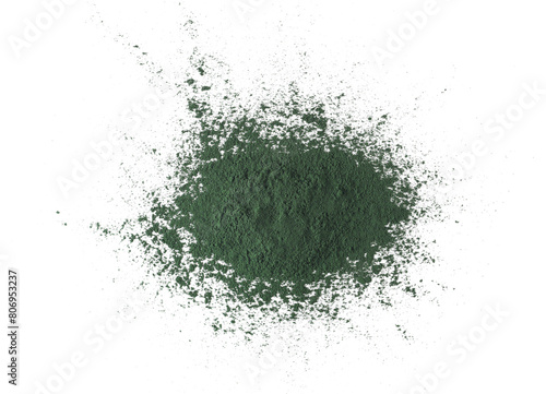 Organic spirulina powder  raw isolated on white  top view