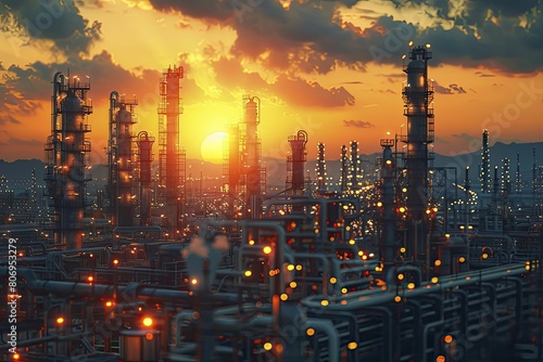 Highlight the intricate contours of an oil refinery in a sharp and polished silhouette for impactful social media promotion.