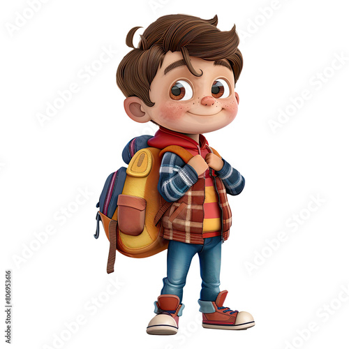 Cute cartoon boy student isolated on transparent background. 