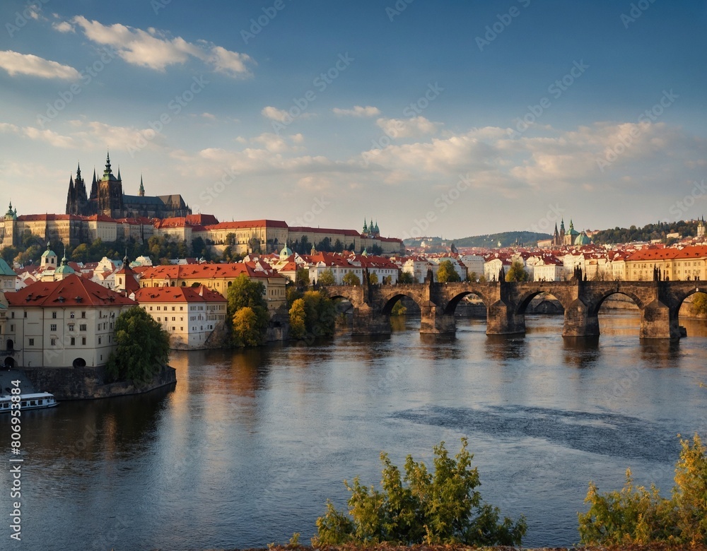 Experience the charm of Prague's skyline, with its historic landmarks such as the Prague Castle and the Charles Bridge set against the backdrop of the Vltava River.