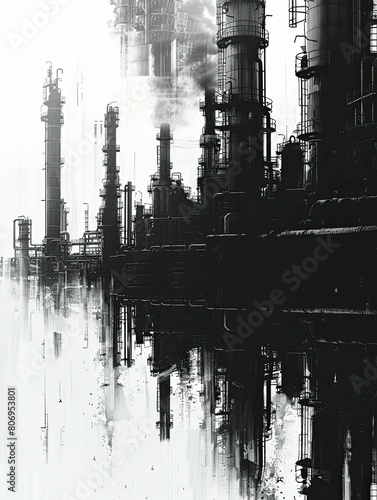 intricate outline of a contemporary oil refinery, showcasing advanced industrial technology for promotional purposes.