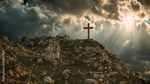 Wallpaper Mural Divine Illumination: Majestic Light and Clouds Over Golgotha Hill, Revealing the Holy Cross Symbolizing the Death and Resurrection of Jesus Christ Torontodigital.ca