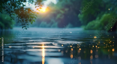 a calm lake where fireflies hovered over the surface of the water, their soft light reflected photo