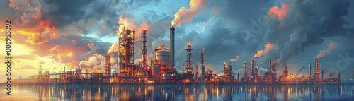intricately designed vector artwork depicting an oil refinery complex, perfect for industrial tech presentations. photo