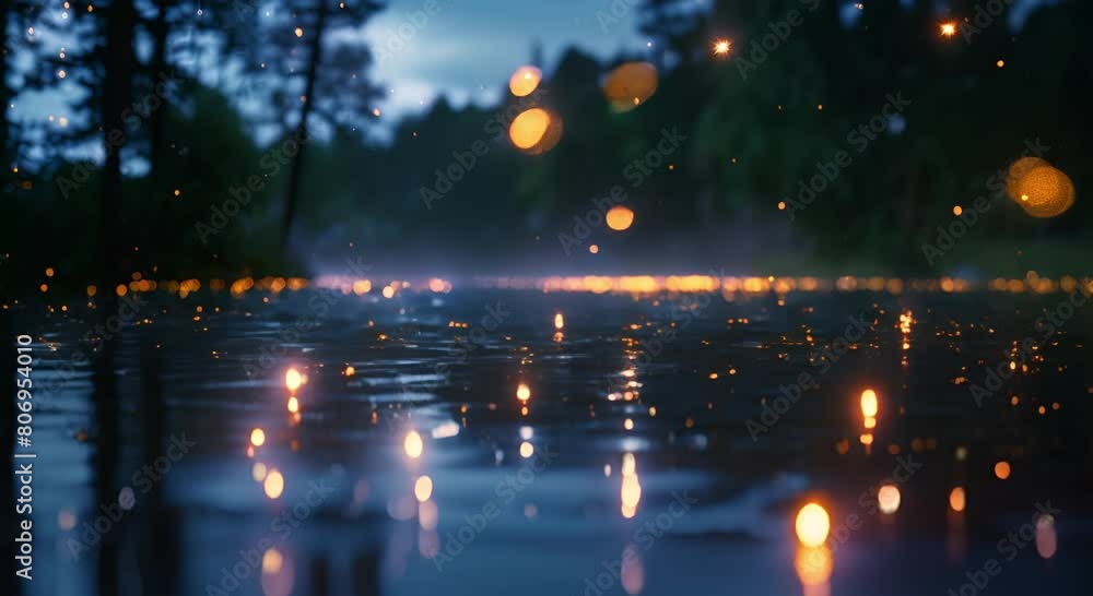 a calm lake where fireflies hovered over the surface of the water, their soft light reflected a calm lake where fireflies hovered over the surface of the water, their soft light reflected