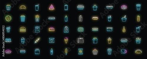 Takeaway food icons set outline vector. Coffee box. Cafe food neon color on black