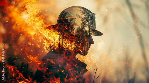Photo of a firefighter overlaid with a wildfire
