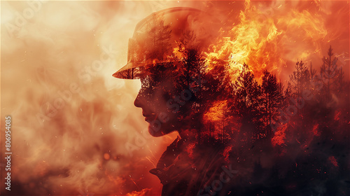 Photo of a firefighter overlaid with a wildfire