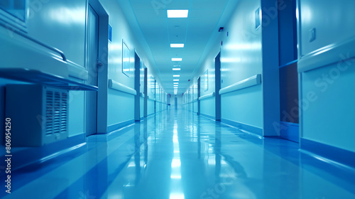A low angle view of a sterile, well-lit hospital corridor with a shiny blue floor and multiple doors.