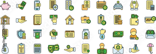 Compensation icons set outline vector. Pension money. Fund bank thin line color flat on white