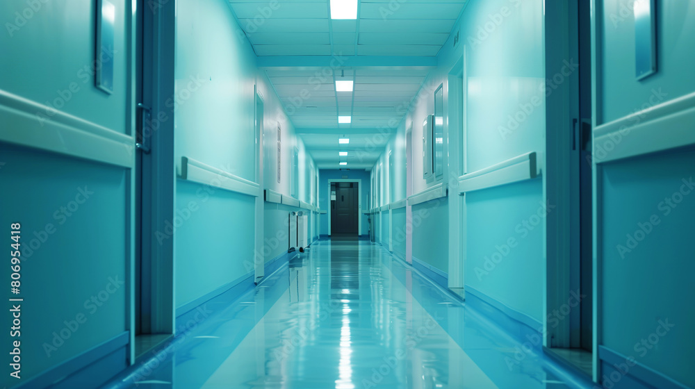 Low-angle view of a long, empty hospital corridor with glossy blue floors and walls.