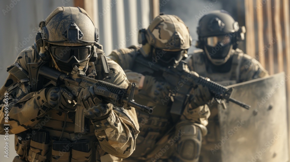 Fototapeta premium Three soldiers are in a battle, one of them is holding a gun