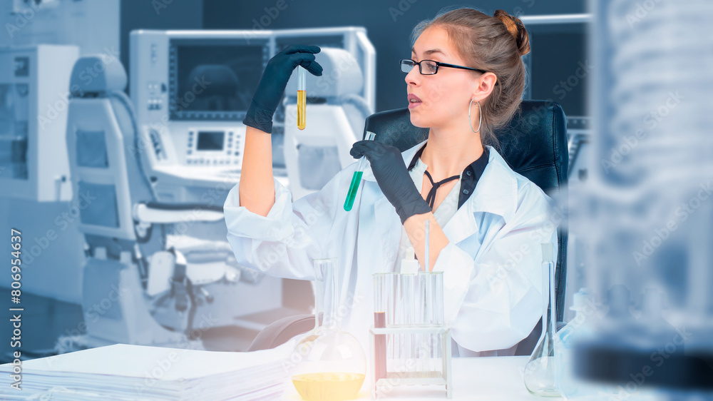 Woman pharmacologist. Scientist with test tube in his hands. Pharmacologist is developing new medicine. Girl in science laboratory. Woman pharmacologist synthesizes antidote. Selective focus Woman pharmacologist. Scientist with test tube in his hands. Pharmacologist is developing new medicine. Girl in science laboratory. Woman pharmacologist synthesizes antidote. Selective focus