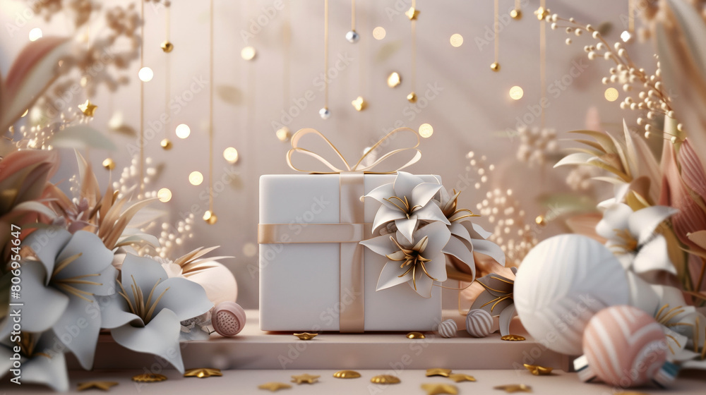 Elegant festive setting with a gift box surrounded by flowers, ornaments, and twinkling lights. Elegant festive setting with a gift box surrounded by flowers, ornaments, and twinkling lights.