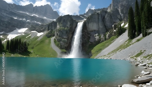 A majestic waterfall feeding into a pristine alpin photo