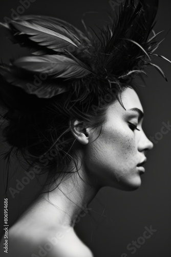 Enigmatic Beauty: Artistic Monochrome Portrait of Sensual Young Woman with Dark Feathered Hair Accessory