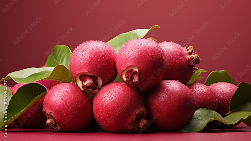 Vibrant pomegranates with leaves gathered on a vivid red background Vibrant pomegranates with leaves gathered on a vivid red background