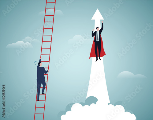 Business competition.Businessman fly up pass the other one clim on ladder to the sky.