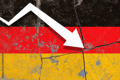 Crisis in Germany. Downward graph symbolizes recession. Germany flag on broken wall. Economic problems concept. Financial crisis forecast arrow. Berlin stock market is down. 3d image photo