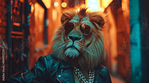 A regal lion in a sleek leather jacket  adorned with silver chains and sporting aviator sunglasses.