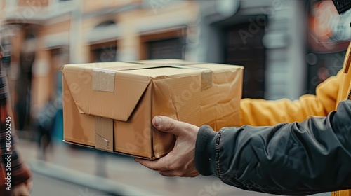 close up Delivery man's in uniform hand holds a box and hands it to the recipient. shopping online