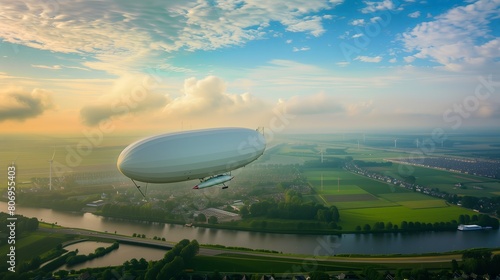 White airship with blue flying over nature of Nederland