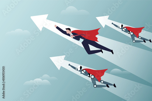 Super businessman and AI team. Flying in blue sky man leading robots in flowing capes and suits, brave strong professionals group together moving up, successful startup, teamwork process.