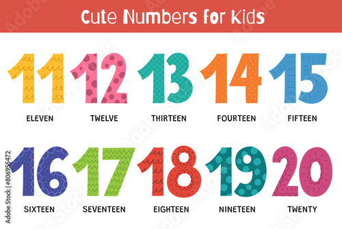 Doodle numbers 11-20 educational set for kids. Collection of colorful numbers in cartoon style. Educational poster for school and preschool. Vector illustration