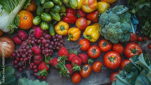 A variety of fruits and vegetables are displayed on a wooden table. The table is covered with a mix of red and green produce  including tomatoes  broccoli  and cucumbers. The arrangement of the fruits