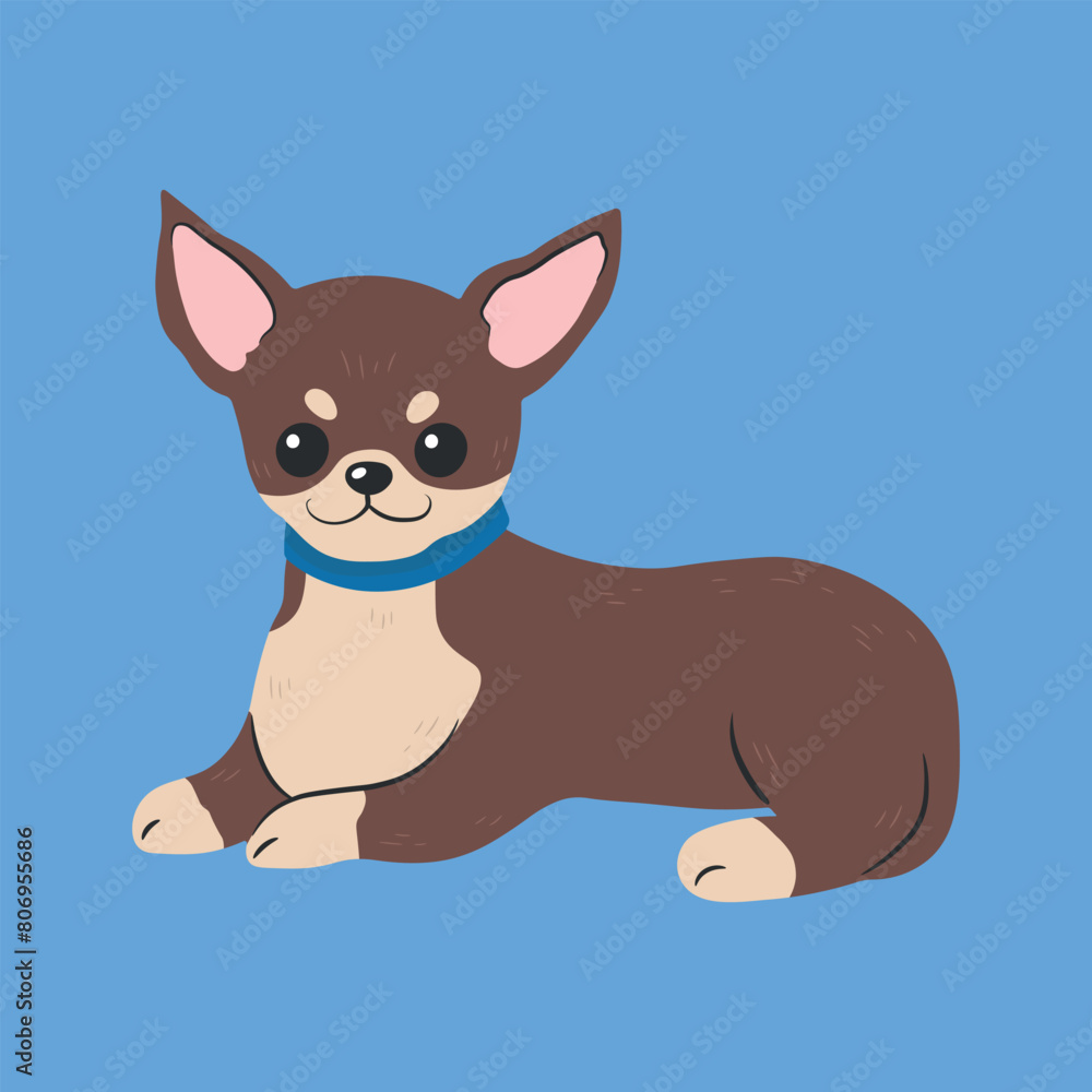 Chihuahua dog, flat cartoon vector icon illustration isolated on background. Short-haired purebred brown puppy sitting pose. Suitable for banner, card, sticker, social media post, and poster.