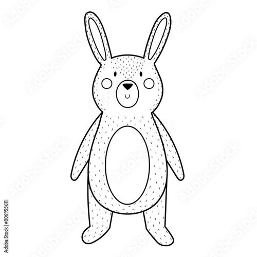 Cute black and white rabbit in standing position. Forest character in outline for kids design and coloring page. Woodland animal isolated. Vector illustration