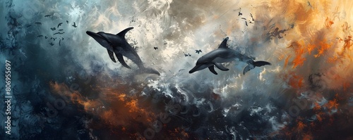 Silhouetted Sea Creatures Breaching the Superheated Ocean in Apocalyptic Digital Impressionistic Art photo