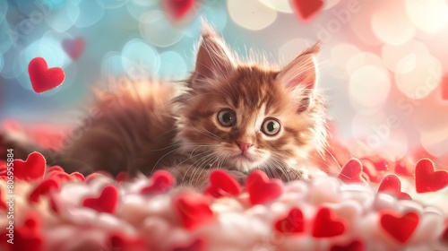 adorable kitten surrounded by hearts on valentines day digital illustration