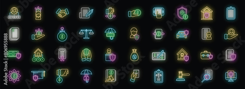 Liability icons set outline vector. Longevity annuity. Bill agreement neon color on black