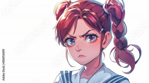 annoyed anime school girl with pigtailed hair in uniform expressive character illustration photo