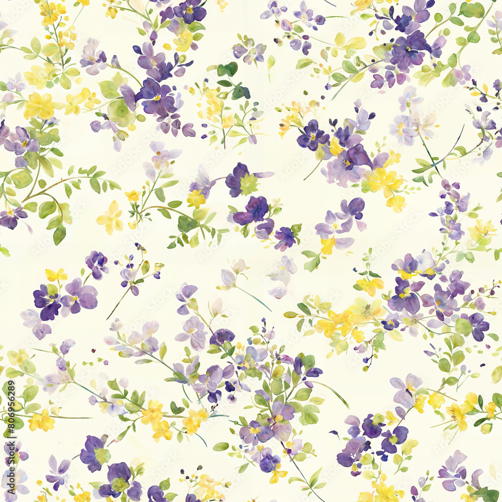 bright-hued blossoms and verdant greenery, in pale lilac and vibrant chartreuse hues on light background. Watercolor style. Textile Design, Wrapping Paper, Stationery Background, Creative Projects