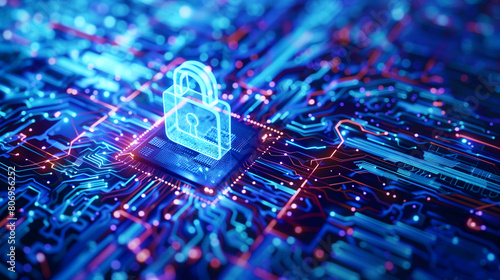 A holographic padlock icon on a computer chipset symbolizing cybersecurity and data protection.