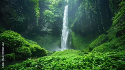 A lush green forest with a waterfall in the background. The waterfall is surrounded by moss and plants, creating a serene and peaceful atmosphere photo