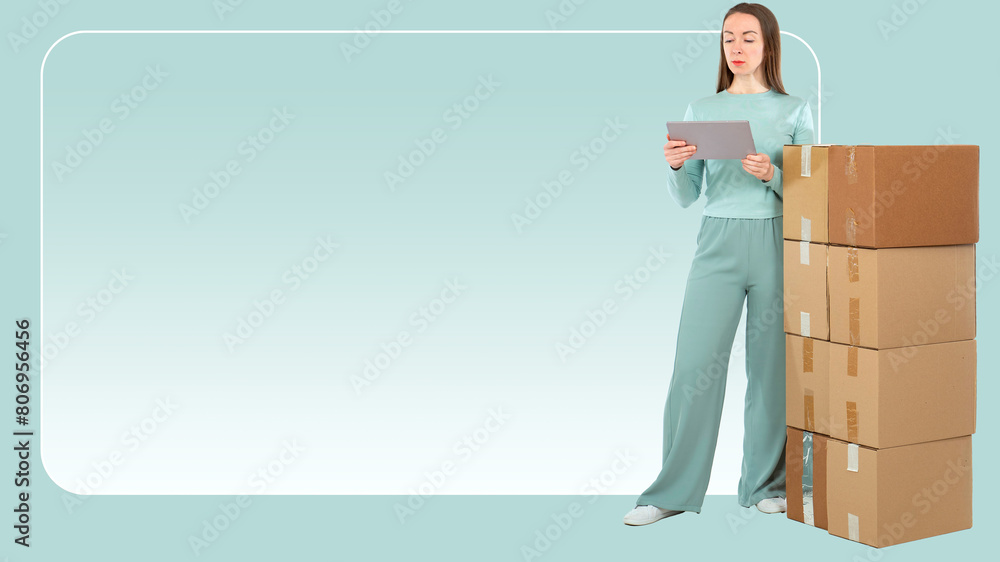 © Grispb - Woman with boxes. Girl doing relocation. Lady with electronic tablet. Moving boxes on turquoise. Copy space. Woman looking for company to help with relocation. Place for advertising moving services © Grispb - Woman with boxes. Girl doing relocation. Lady with electronic tablet. Moving boxes on turquoise. Copy space. Woman looking for company to help with relocation. Place for advertising moving services