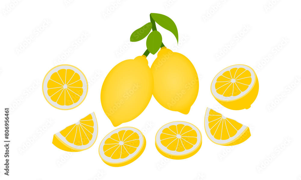 lemon fruits vector set with different slice. flat design vector illustrations isolated on white background. lemon fruits vector set with different slice. flat design vector illustrations isolated on white background.