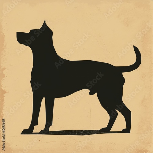 a black dog silhouette is standing on a tan background, in the style of iconographic symbolism, playful character design, calotype, angular simplicity photo