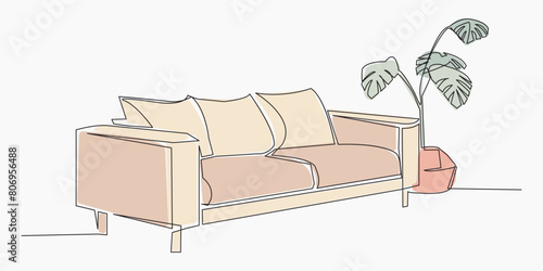 Continuous one line drawing of sofa and with potted plant. Single line. Vector illustration